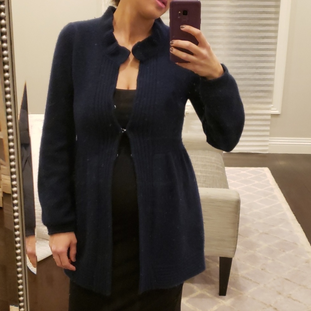 WOMEN'S NAVY BLUE 100% CASHMERE RUFFLE SWEATER